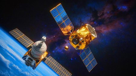 Illustration of a Russian satellite maneuvering near a U.S. government satellite in space. Image generated by AI.