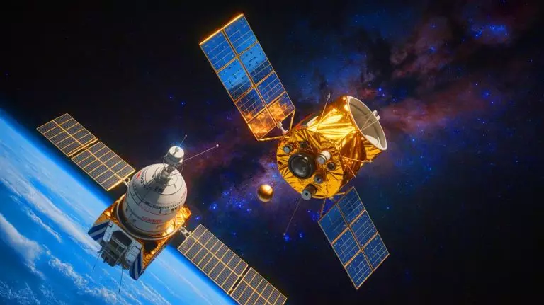 Illustration of a Russian satellite maneuvering near a U.S. government satellite in space. Image generated by AI.