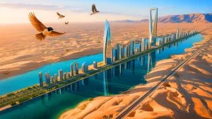 Illustration of Saudi Arabia's Line project showcasing its futuristic urban design and environmental concerns. Image generated by AI.