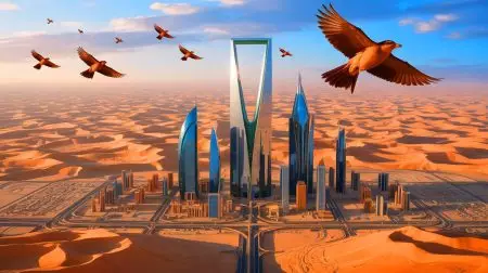 Illustration of Saudi Arabia's futuristic Line project stretching across the desert. Image generated by AI.