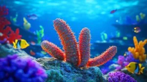 Illustration of sea cucumbers on a tropical coral reef playing a potential role in cancer therapy. Image generated by AI.