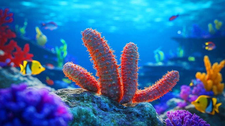 Illustration of sea cucumbers on a tropical coral reef playing a potential role in cancer therapy. Image generated by AI.