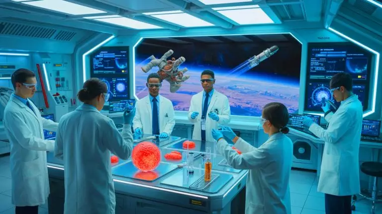 Illustration of the potential impact of targeting necrosis on human aging and space exploration. Image generated by AI.