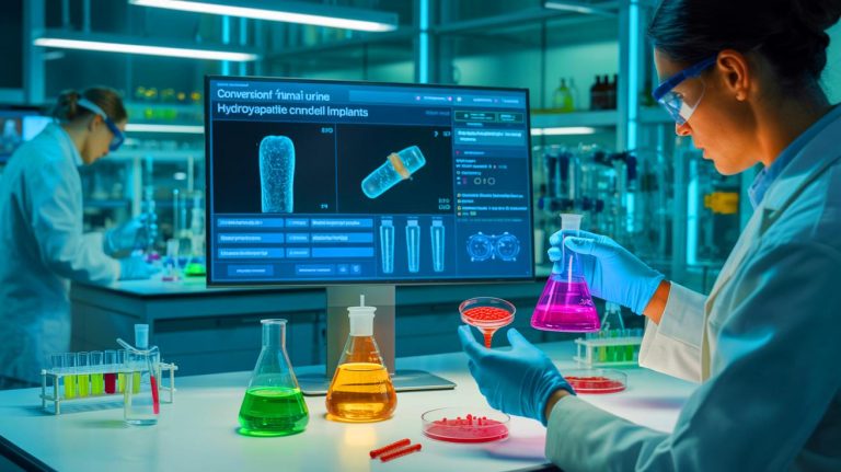 Illustration of synthetic yeast converting human urine into hydroxyapatite for medical implants. Image generated by AI.