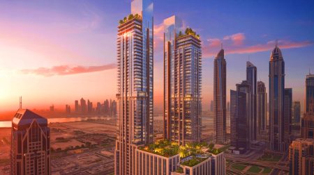 Illustration of Downtown Residences skyscraper in Dubai's Business Bay area. Image generated by AI.