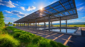 Illustration of a solar canopy at a wastewater treatment facility in Pendleton, Oregon, showcasing sustainable energy infrastructure. Image generated by AI.