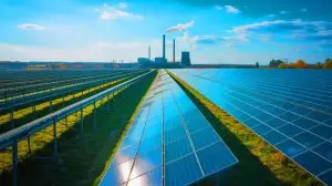 Illustration of solar panels generating electricity and surpassing coal in the European Union's energy production. Image generated by AI.