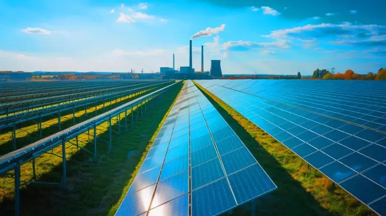 Illustration of solar panels generating electricity and surpassing coal in the European Union's energy production. Image generated by AI.