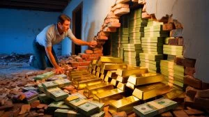 Illustration of a hidden treasure of gold bars and cash discovered during home renovations. Image generated by AI.