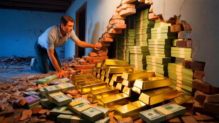 Illustration of a hidden treasure of gold bars and cash discovered during home renovations. Image generated by AI.