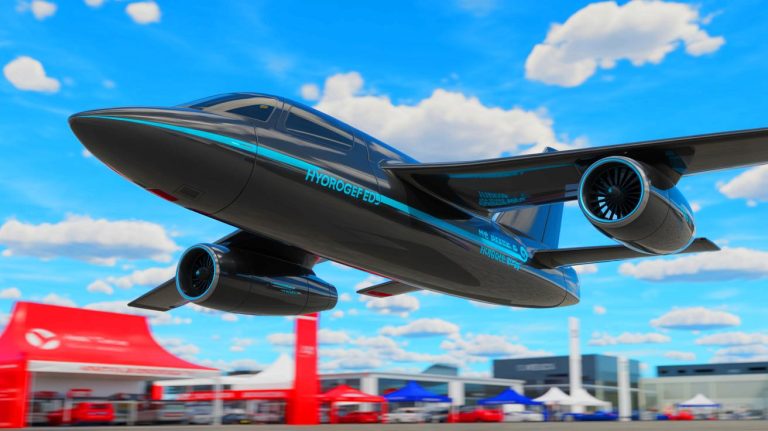 Illustration of StellarJet's solid hydrogen storage unit and electric propulsion system at the Salon du Bourget 2025. Image generated by AI.