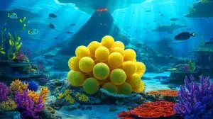 Illustration of golden eggs near an underwater volcano. Image generated by AI.