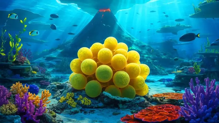Illustration of golden eggs near an underwater volcano. Image generated by AI.