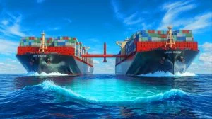 Illustration of the world's first ship-to-ship transfer of liquid carbon dioxide at sea. Image generated by AI.