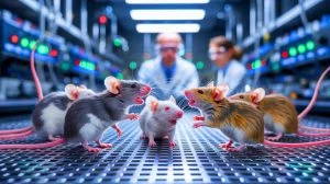 Illustration of mice with altered vocalizations due to the insertion of a human gene. Image generated by AI.