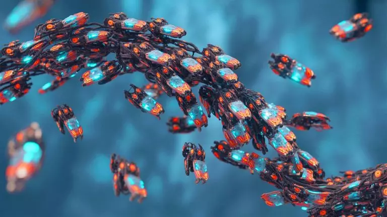 Illustration of a swarm of tiny, shape-shifting robots functioning as a dynamic, living material. Image generated by AI.