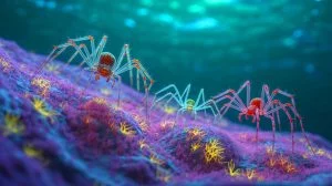 Illustration of newly discovered sea spiders grazing on methane-eating microbes in the deep sea. Image generated by AI.