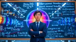 Illustration of a young Chinese engineer, Zhou Zhongpeng, deciphering the complex Inter-universal Teichmüller Theory. Image generated by AI.