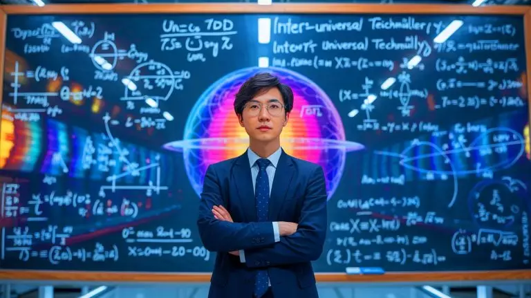 Illustration of a young Chinese engineer, Zhou Zhongpeng, deciphering the complex Inter-universal Teichmüller Theory. Image generated by AI.