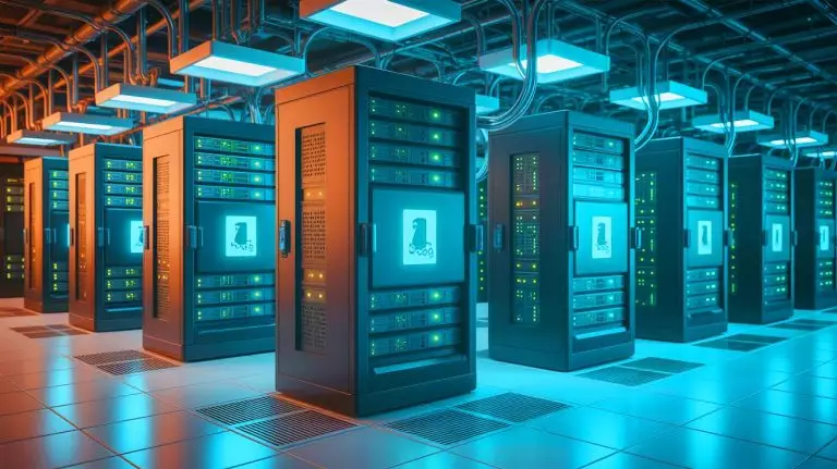 Illustration of a data center with optimized energy consumption through Linux kernel modifications. Image generated by AI.