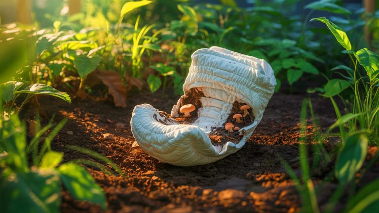 Illustration of MycoDigestible Diapers transforming waste into nutrient-rich soil. Image generated by AI.