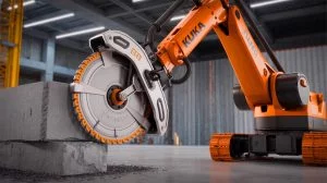 Illustration of the KUKA Catonator robotic saw cutting through materials in a construction setting. Image generated by AI.