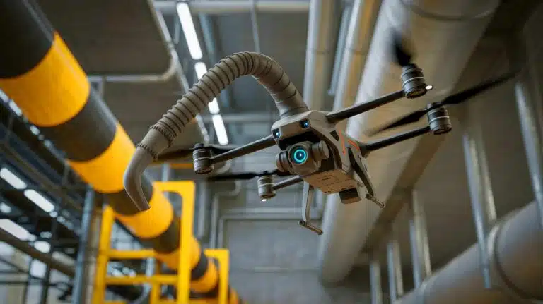 Illustration of a drone equipped with a flexible, trunk-like robotic arm flying against a cloudy sky. Image generated by AI.