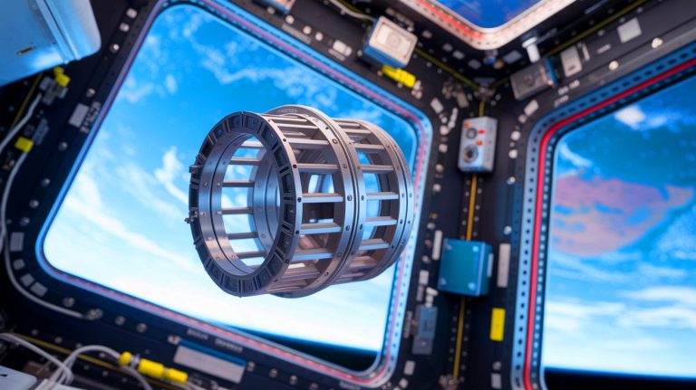 Illustration of a metallic object produced in space using 3D printing technology. Image generated by AI.