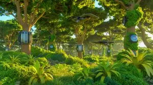 Illustration of the symbiotic relationship between trees and artificial intelligence in shaping a sustainable future. Image generated by AI.