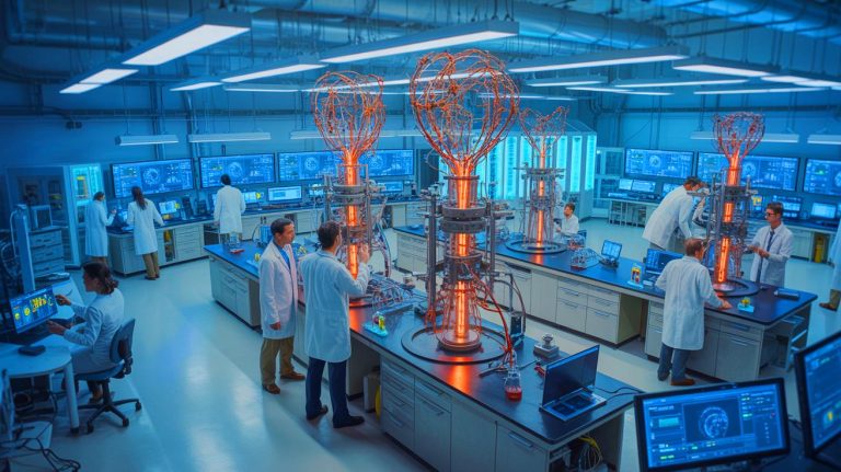 Illustration of researchers at the University of Kentucky developing materials for nuclear fusion reactors. Image generated by AI.