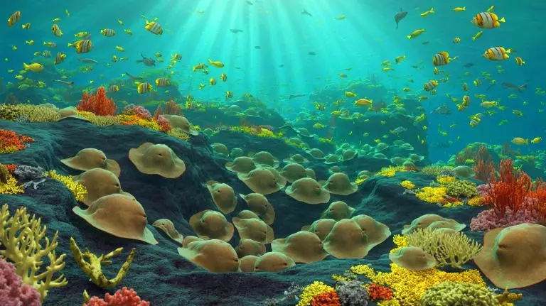 Illustration of an underwater volcano revealing thousands of giant Pacific white skate eggs. Image generated by AI.