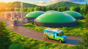 Illustration of Ben & Jerry’s organic waste being transformed into clean energy at the PurposeEnergy facility. Image generated by AI.