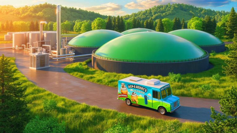 Illustration of Ben & Jerry’s organic waste being transformed into clean energy at the PurposeEnergy facility. Image generated by AI.