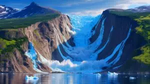 Illustration of the colossal landslide in Greenland's Dickson Fjord triggering a mega-tsunami. Image generated by AI.