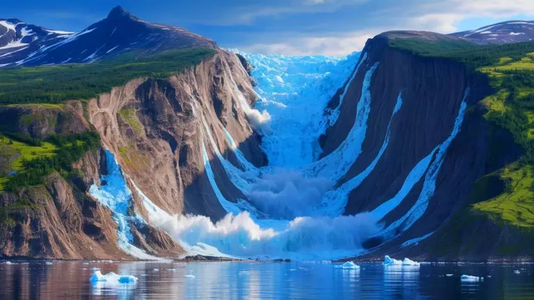 Illustration of the colossal landslide in Greenland's Dickson Fjord triggering a mega-tsunami. Image generated by AI.