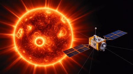 Illustration of the sun’s south pole captured by the Solar Orbiter spacecraft. Image generated by AI.