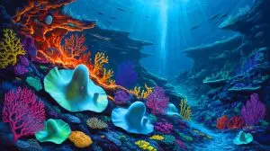 Illustration of an underwater volcano revealing giant Pacific white skate eggs. Image generated by AI.