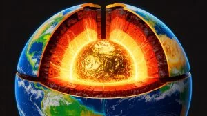 Illustration of gold concentrated in Earth's core beneath the accessible crust. Image generated by AI.