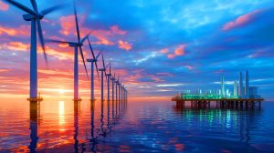 Illustration of Europe harnessing green hydrogen from North Sea wind technology. Image generated by AI.
