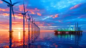 Illustration of Europe harnessing green hydrogen from North Sea wind technology. Image generated by AI.
