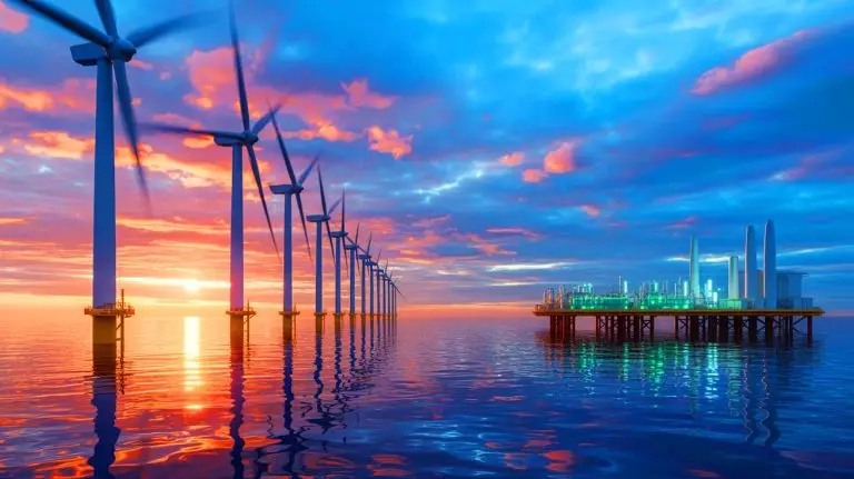 Illustration of Europe harnessing green hydrogen from North Sea wind technology. Image generated by AI.