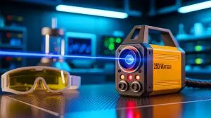 Illustration of a groundbreaking 250-watt handheld laser device created by YouTuber Styropyro. Image generated by AI.