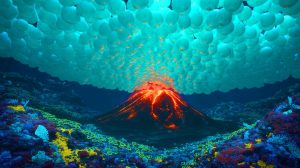Illustration of giant eggs from the Pacific white skate nestled within an active underwater volcano. Image generated by AI.