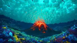 Illustration of giant eggs from the Pacific white skate nestled within an active underwater volcano. Image generated by AI.