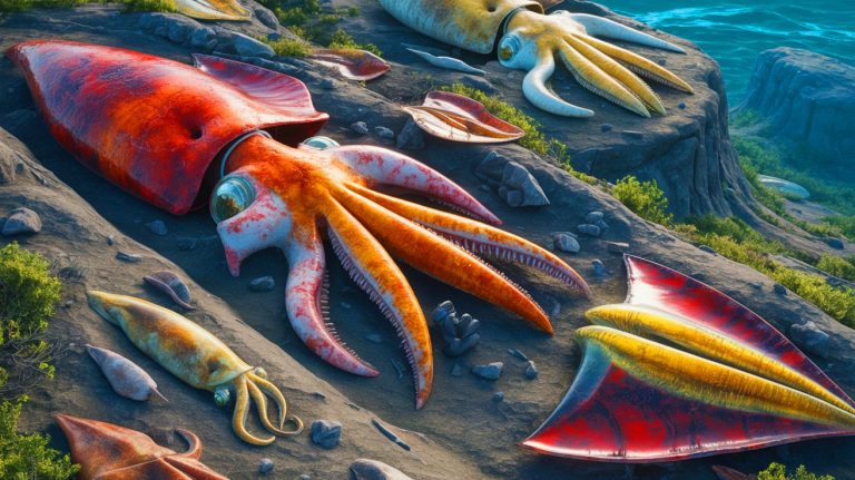 Illustration of ancient squid species discovered in a 100-million-year-old rock. Image generated by AI.