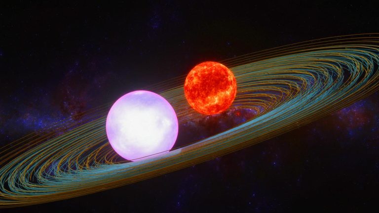 Illustration of a binary star system with a white dwarf and red dwarf emitting radio signals. Image generated by AI.