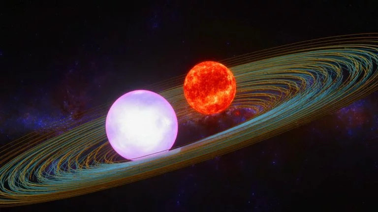 Illustration of a binary star system with a white dwarf and red dwarf emitting radio signals. Image generated by AI.