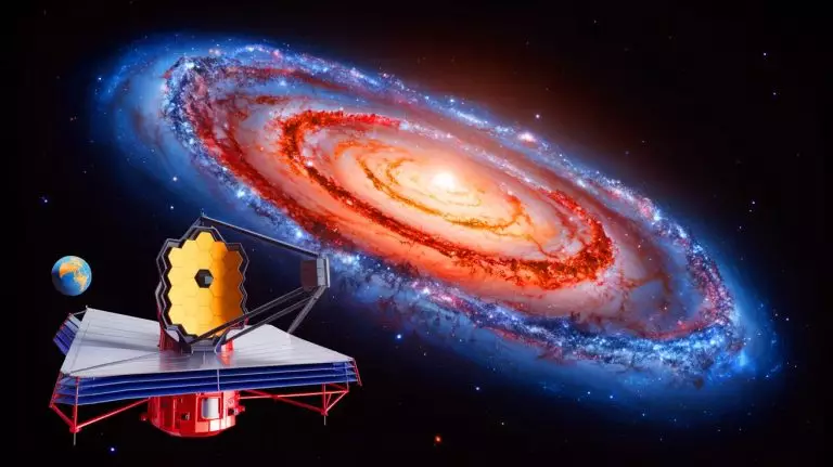 Illustration of the James Webb Space Telescope discovering a massive spiral galaxy in the early universe. Image generated by AI.
