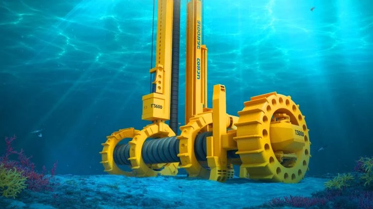 Illustration of the T3600 subsea trencher, the world's most powerful sea trencher designed to protect offshore infrastructure. Image generated by AI.