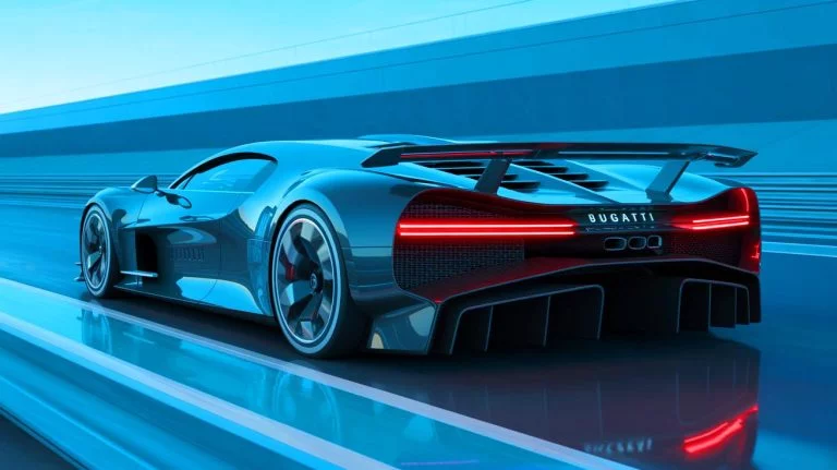 Illustration of the Bugatti Tourbillon featuring a V16 hybrid engine. Image generated by AI.